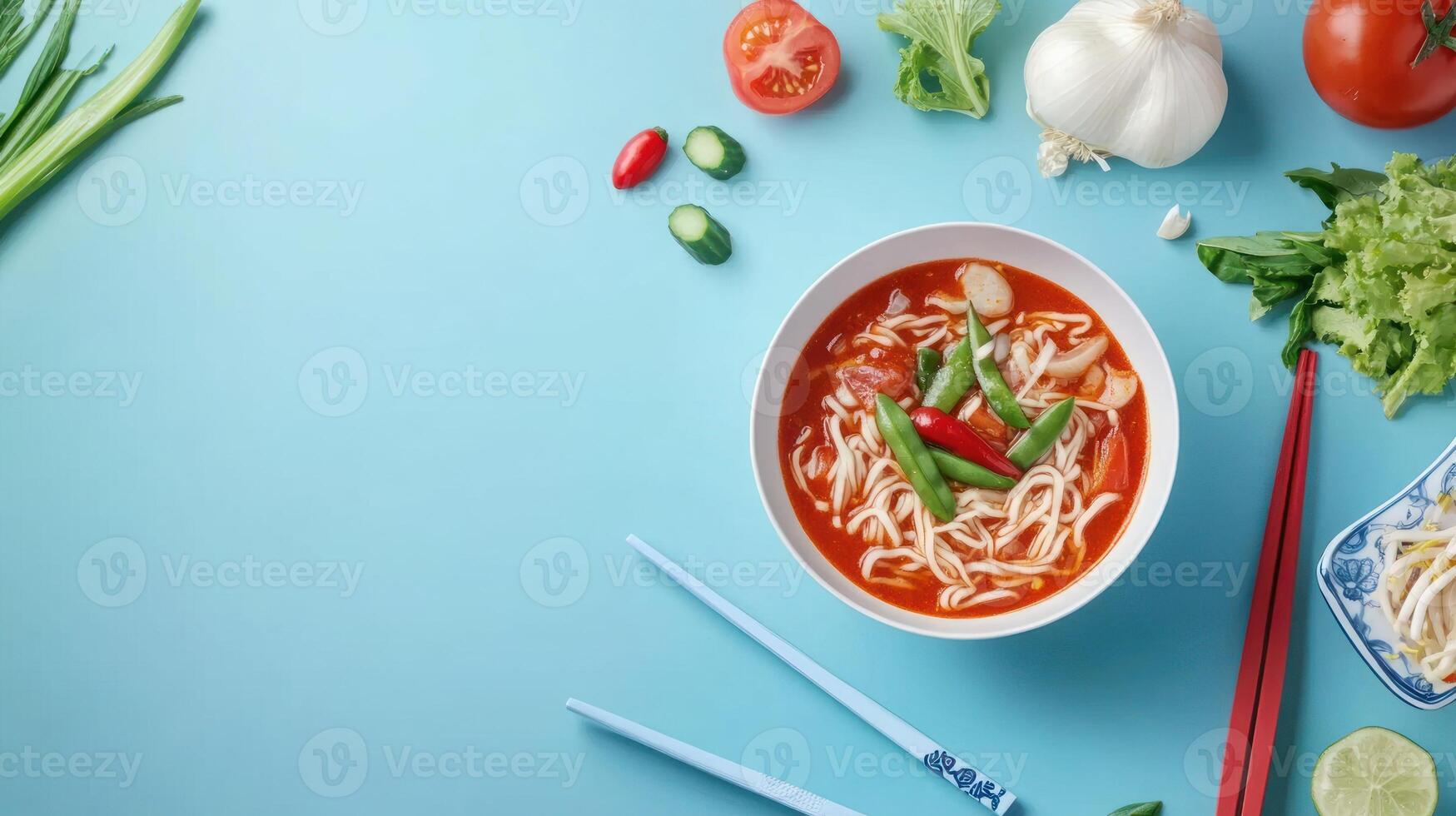 Noodle soup bowl with garnish flat lay on table for menu promotion or healthy eating blog photo