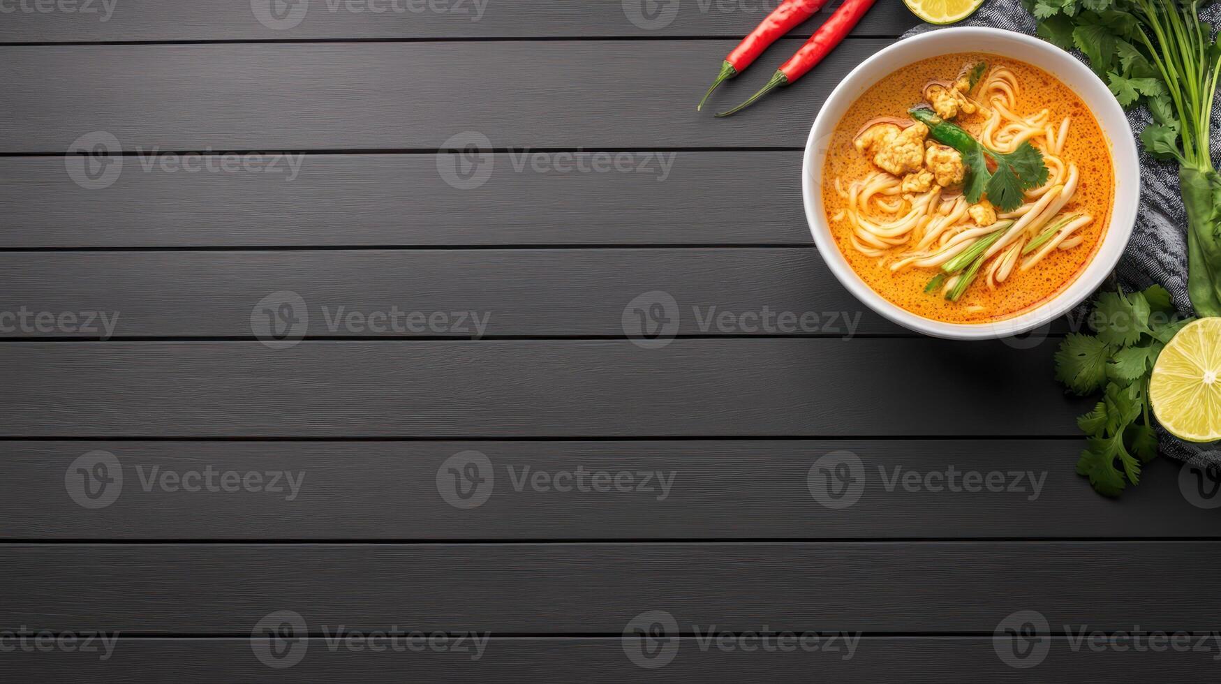 Noodle Soup Dish presentation on the counter. Red pepper and herbs around the bowl, food blog photo