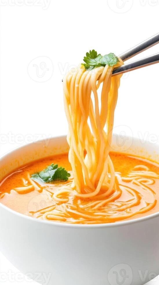 Noodle soup served with chopsticks on a white background, suitable for food blogs or menus photo