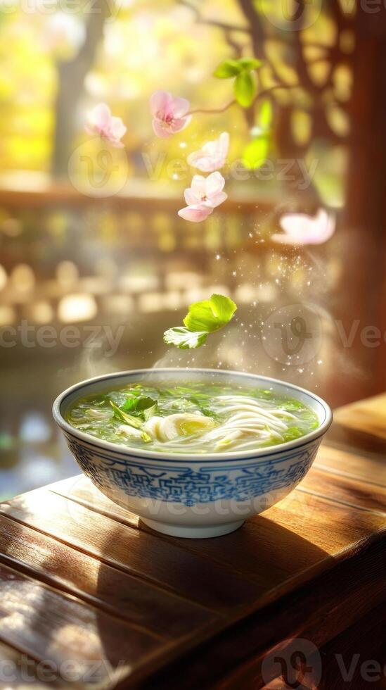 Noodle soup on wood deck with flowers falling, evoking warmth and tranquility. Food blog use photo