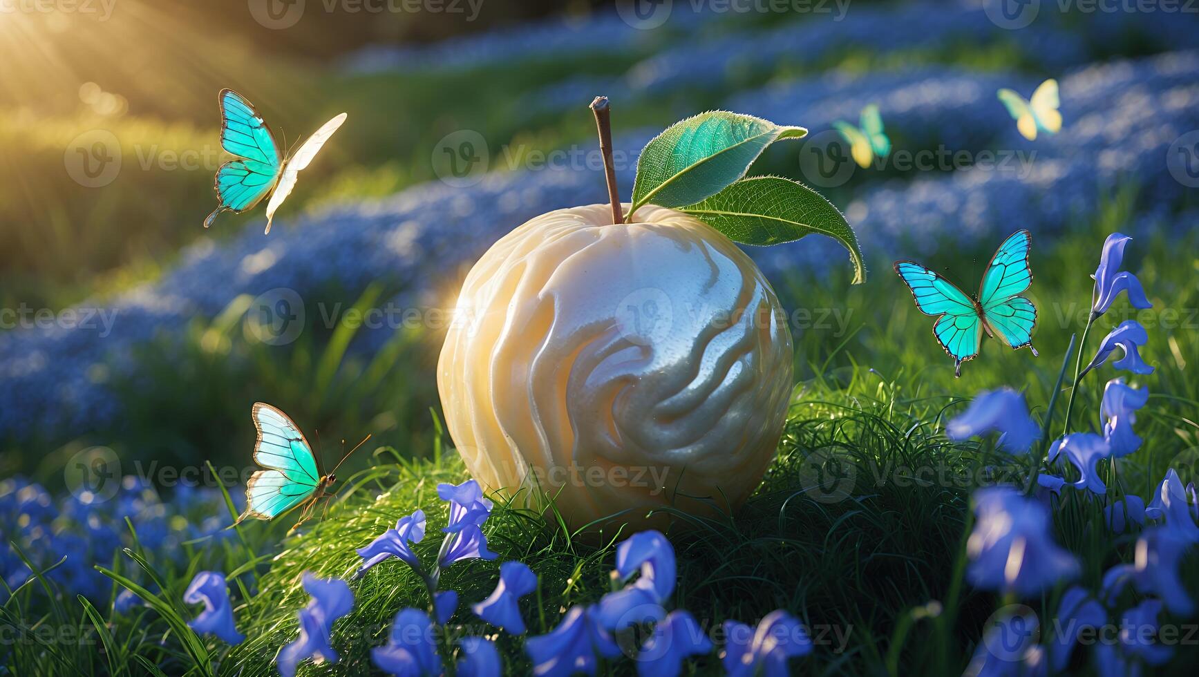 Apple Among Flowers with Light Illuminating the Field and Butterflies photo