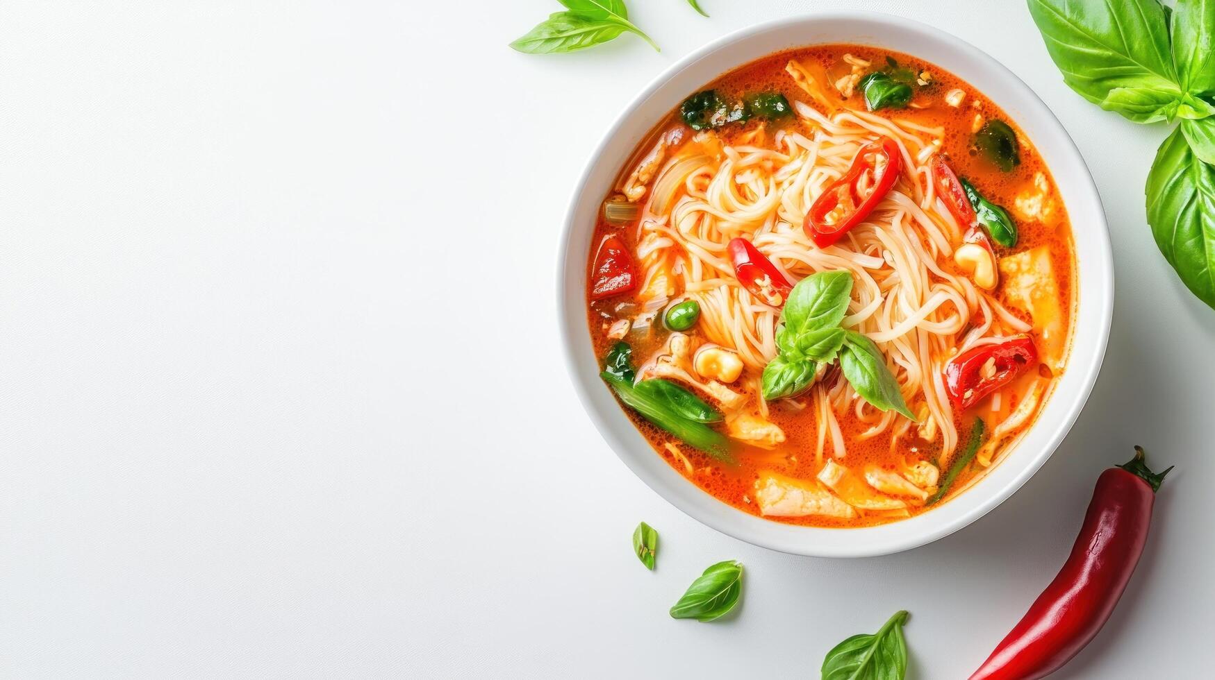 Noodle soup with chilli basil, Asian food, meal, healthy eating, dish on white backdrop for restaurant use photo