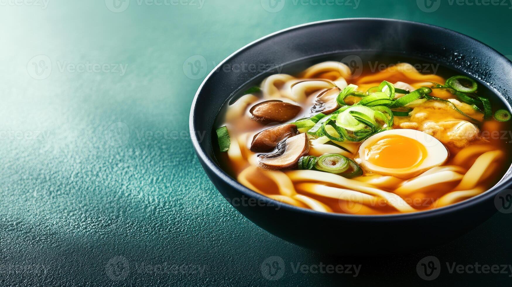 Noodle soup with egg and mushrooms in black bowl, steam rising. For restaurant menus and ads photo