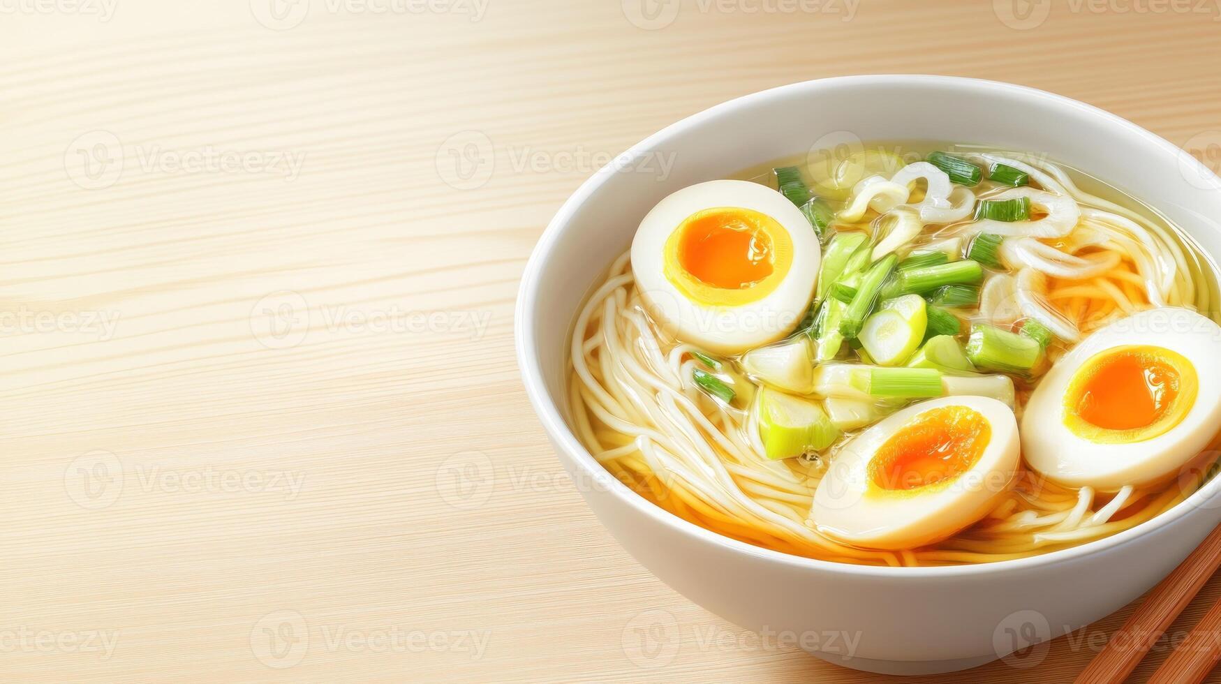 Noodle soup with egg halves and onions in a white bowl on a wooden table. Food photography photo