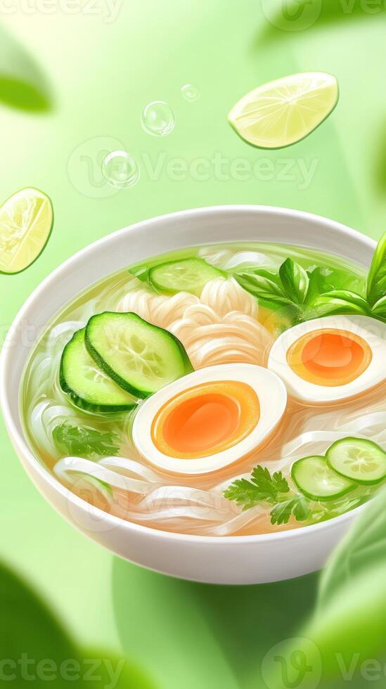 Noodle soup with egg and vegetables in bowl on a blurred background, for food blogs photo