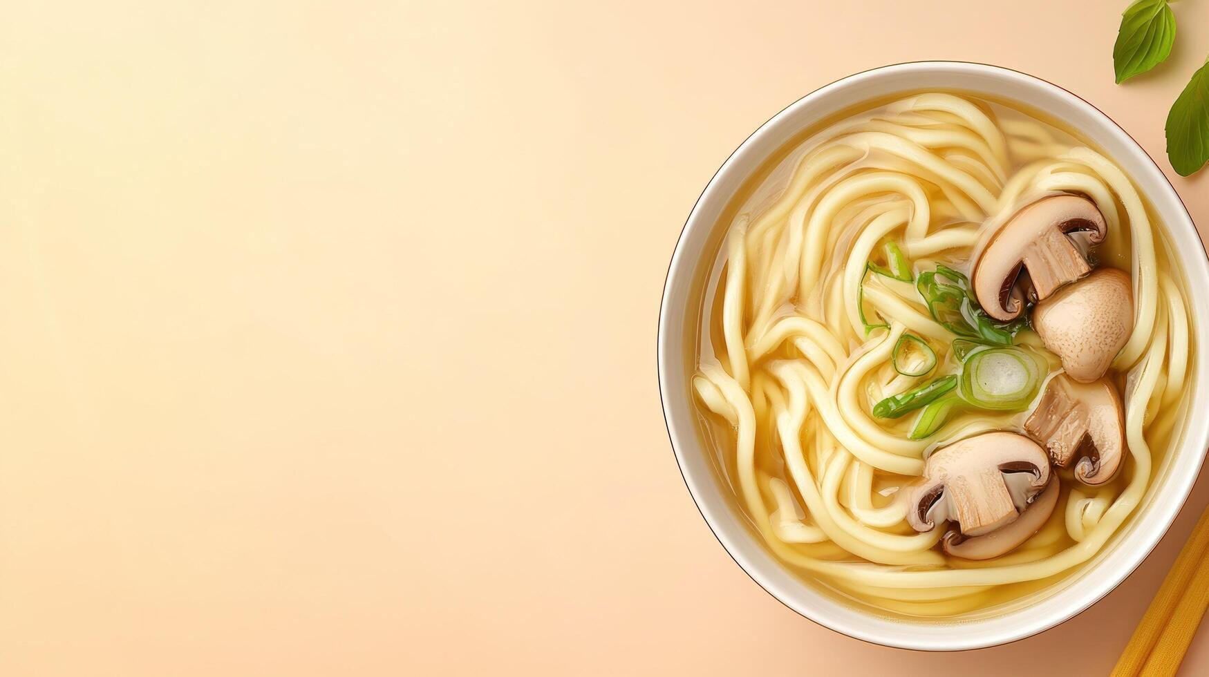 Noodle soup with mushrooms, scallions, and chopsticks, in a white bowl for food blog or menu photo