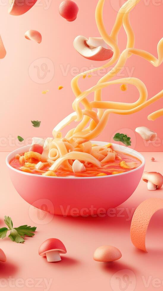 Noodle soup with mushrooms in a pink bowl against a pink background, for Asian food blogs photo