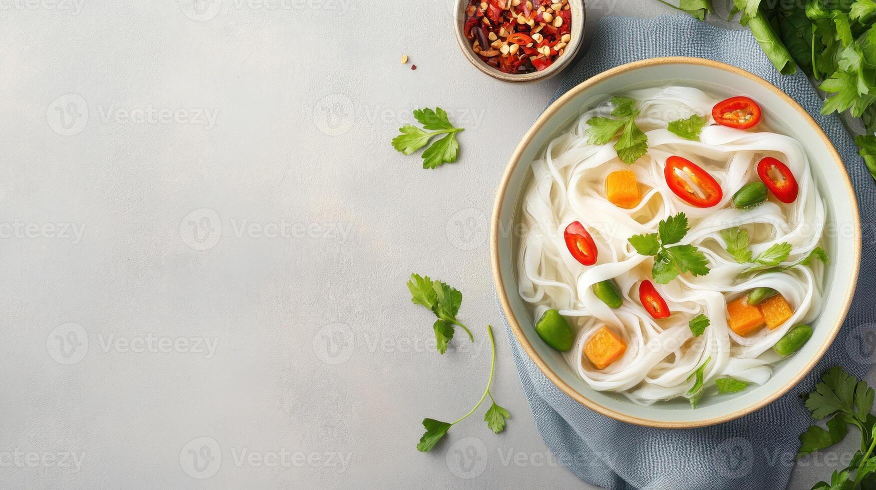 Noodle soup with vegetables. Close-up shot, studio shot. Use in recipes, restaurants menus photo