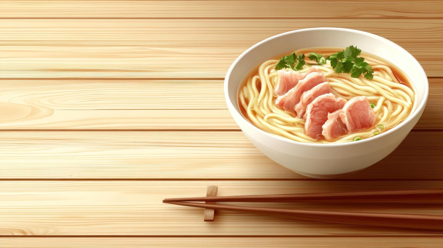 Noodle soup with pork and herbs in a bowl is served on a wooden table. Food blog photo