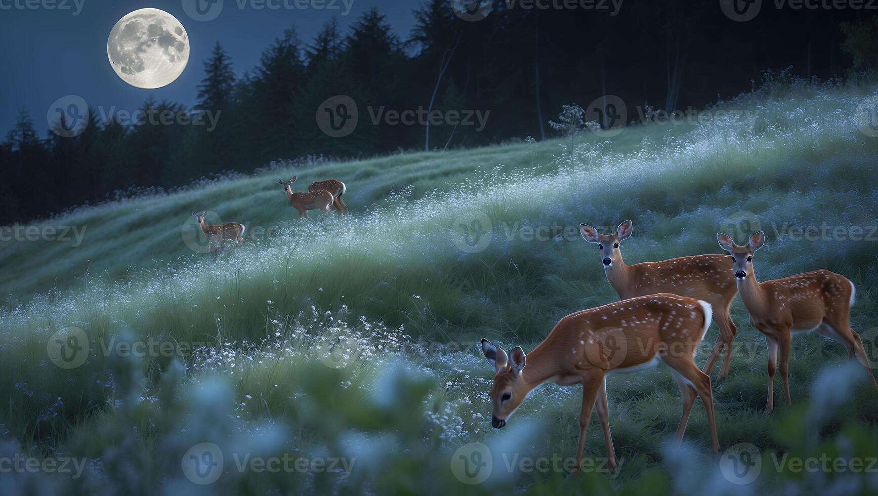Deer Grazing in Meadow Under Moonlight During Nighttime Nature Scene photo