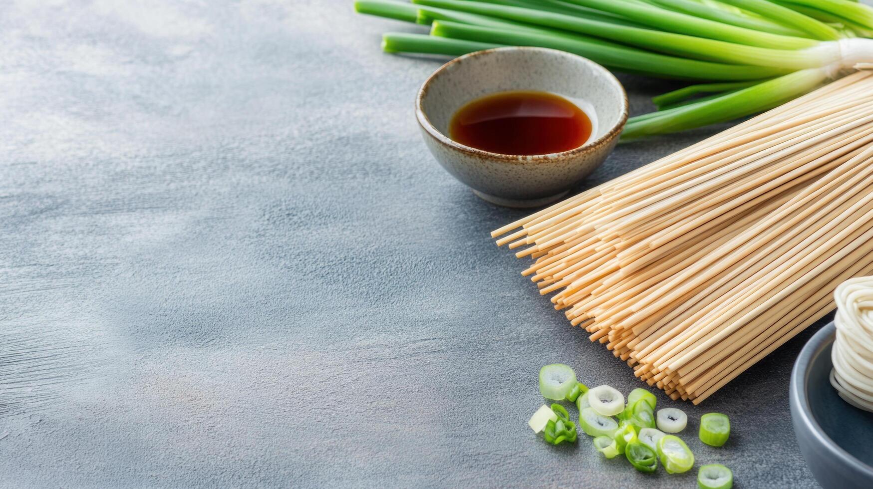 Noodles and sauce ingredients on grey background. Asian cooking concept. Food blog photo