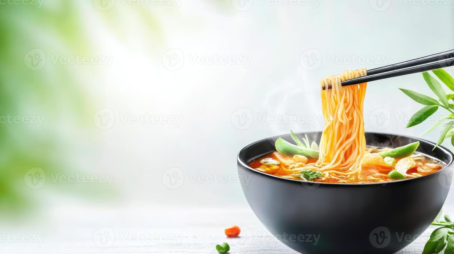 Noodles being lifted with chopsticks over soup bowl, in nature background, for cooking photo