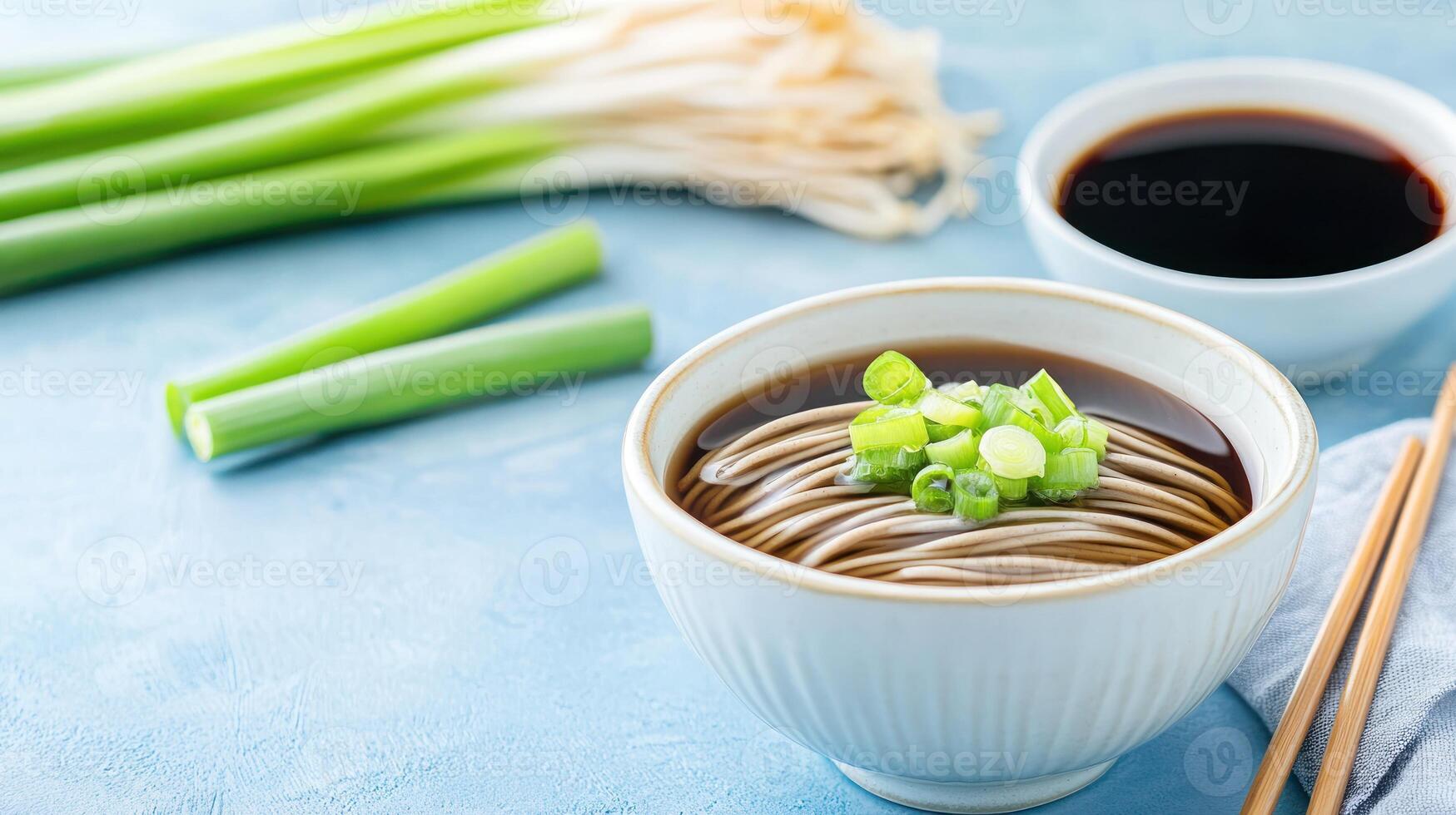 Noodles bowl with scallions served with sauce culinary studio shot for food magazine photo