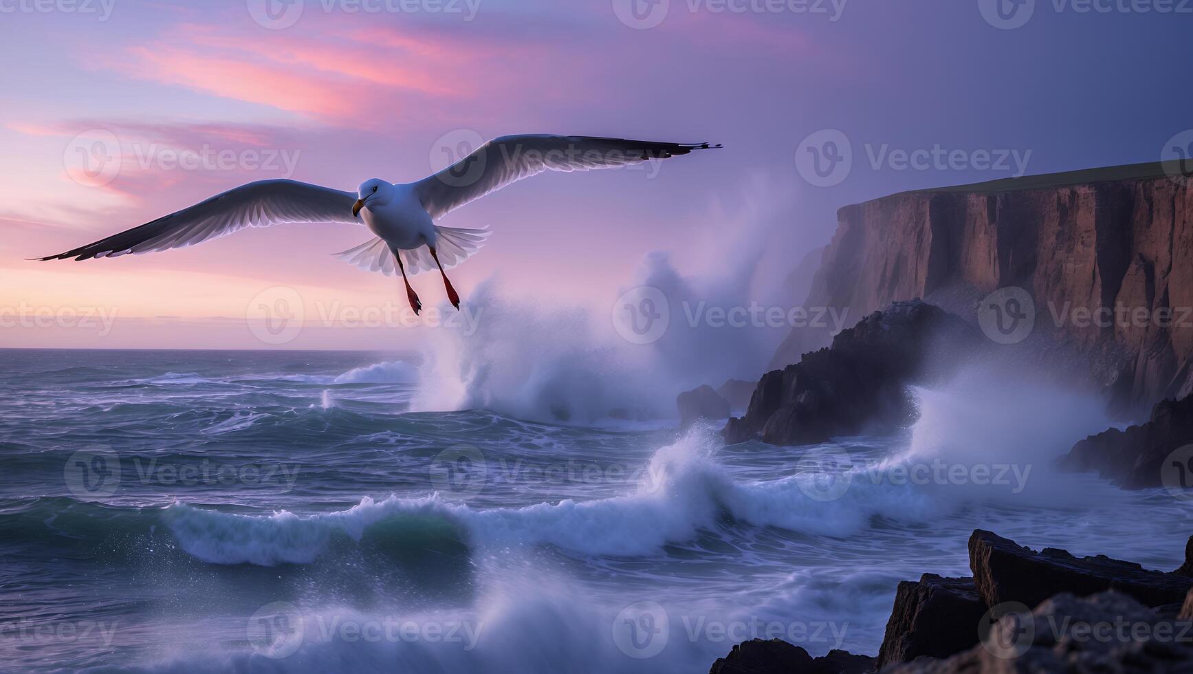 Seagull Flying Over Crashing Waves at Coastal Cliffs at Sunset photo
