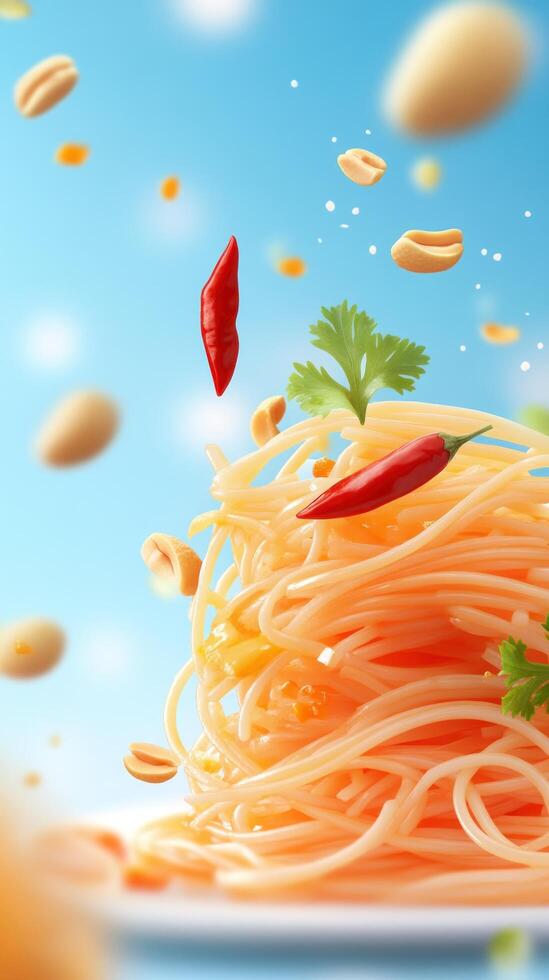 Noodles, peanuts, chili peppers flying over against a bright blue sky. Food blog or recipe promotion photo