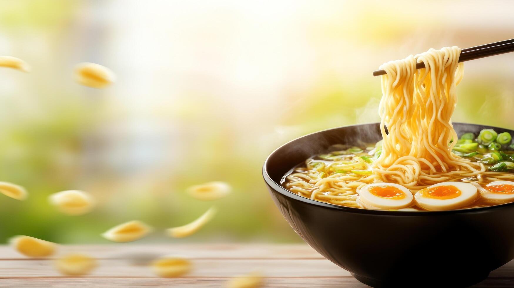 Noodles lifted with chopsticks, with egg halves in a bowl, blurred background for a food blog photo
