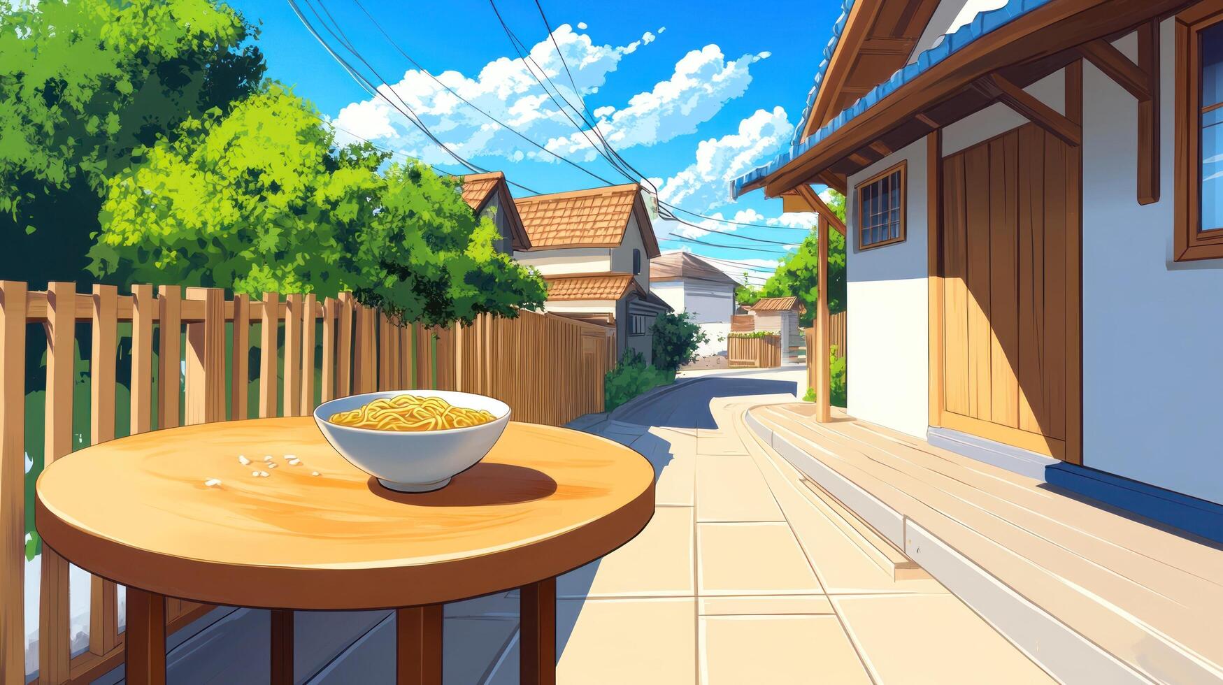 Noodles on the veranda on a sunny day. Quiet neighborhood and blue sky. Food blog image photo