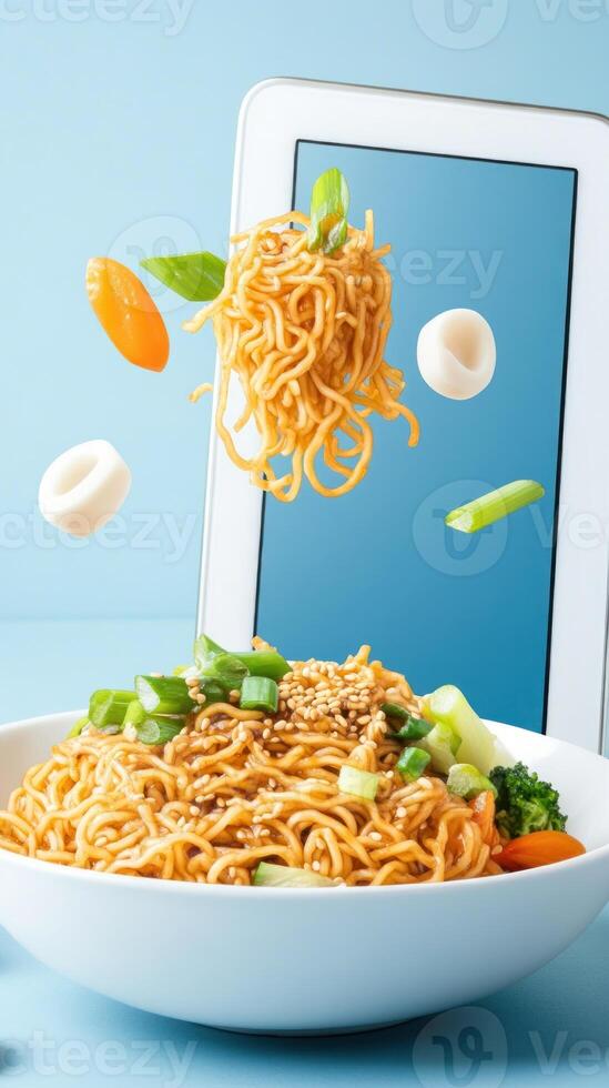 Noodles rise above a bowl in front of a tablet, blue background. Use for food blog content photo