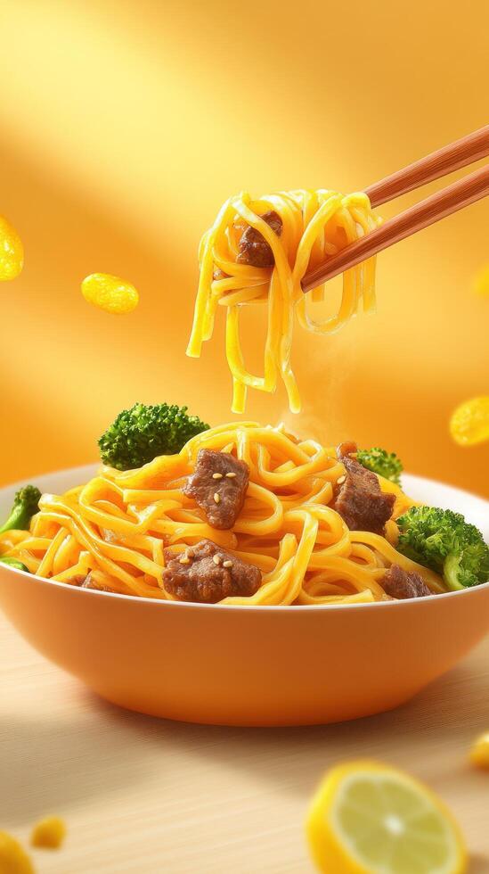 Noodles served with chopsticks and beef and broccoli, on yellow backdrop, for dining photo