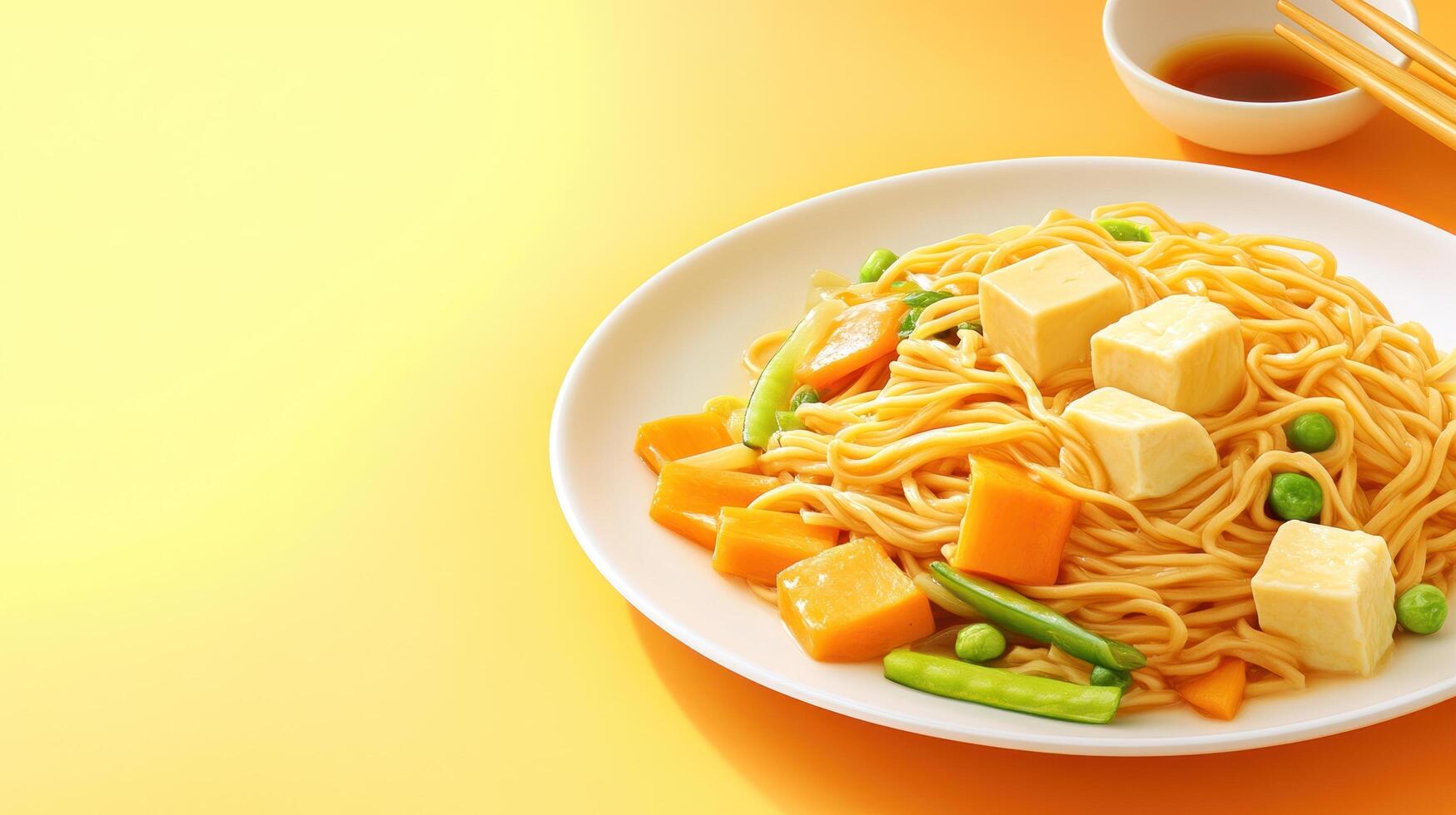 Noodles served with vegetables and tofu. Asian dish presentation. Healthy eating concept photo