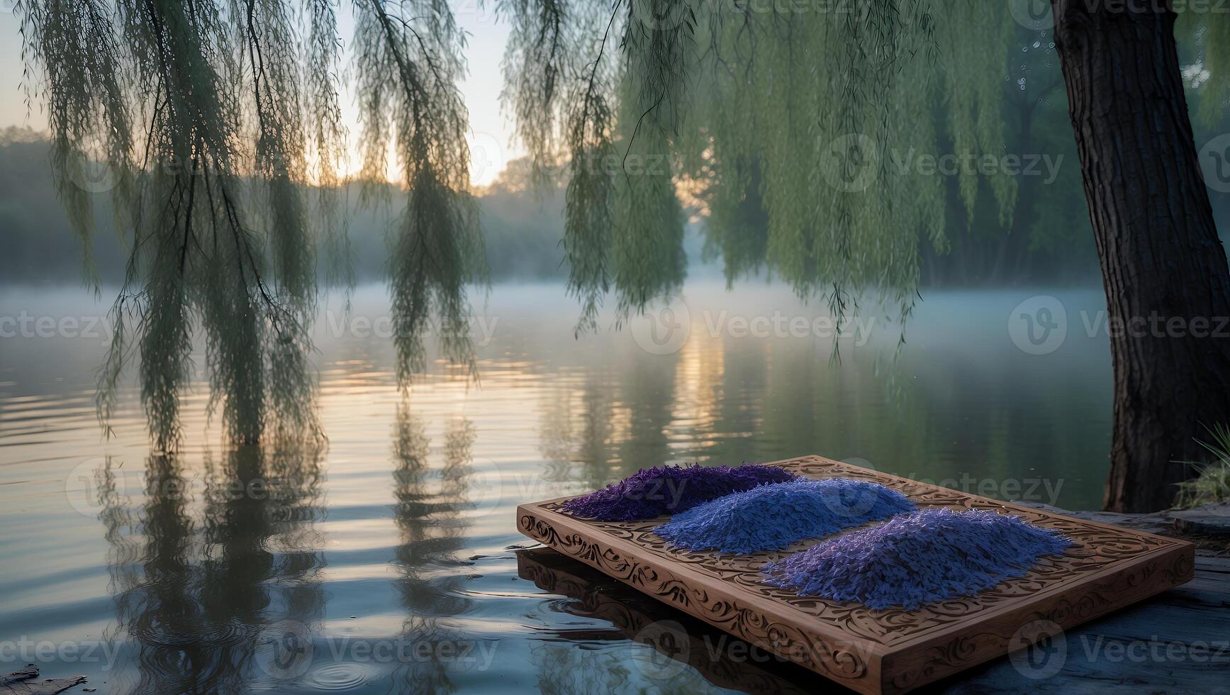Calm Lakeside Scene with Lavender on a Decorative Wooden Platform photo