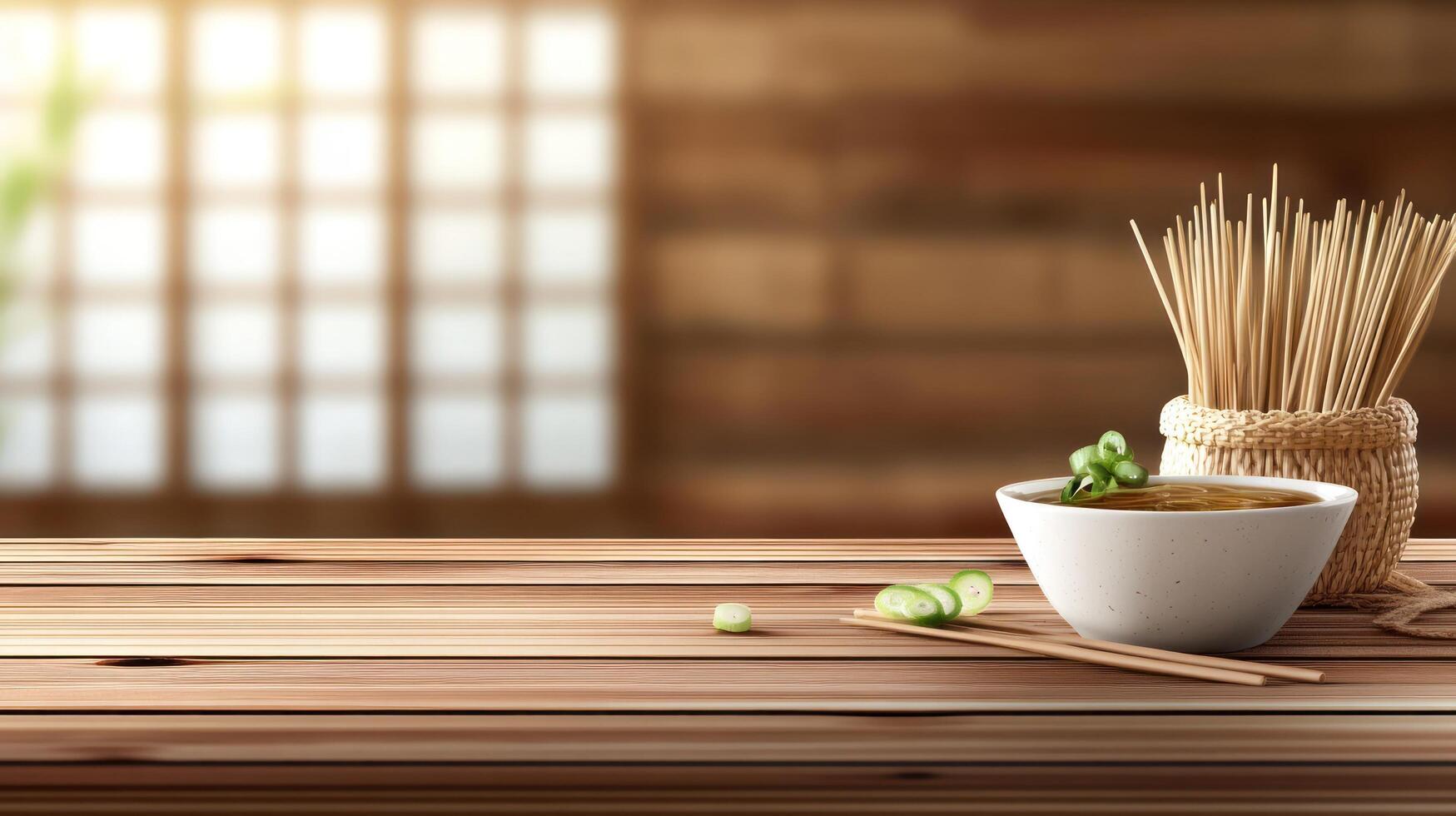 Noodles served on a wooden table with chopsticks, sunlight, and background window. Food blog photo