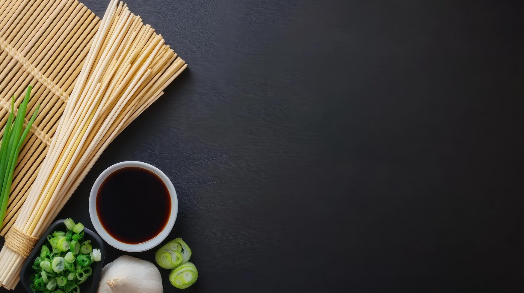 Noodles, soy sauce, and green onion are placed on black background. Food blog photo