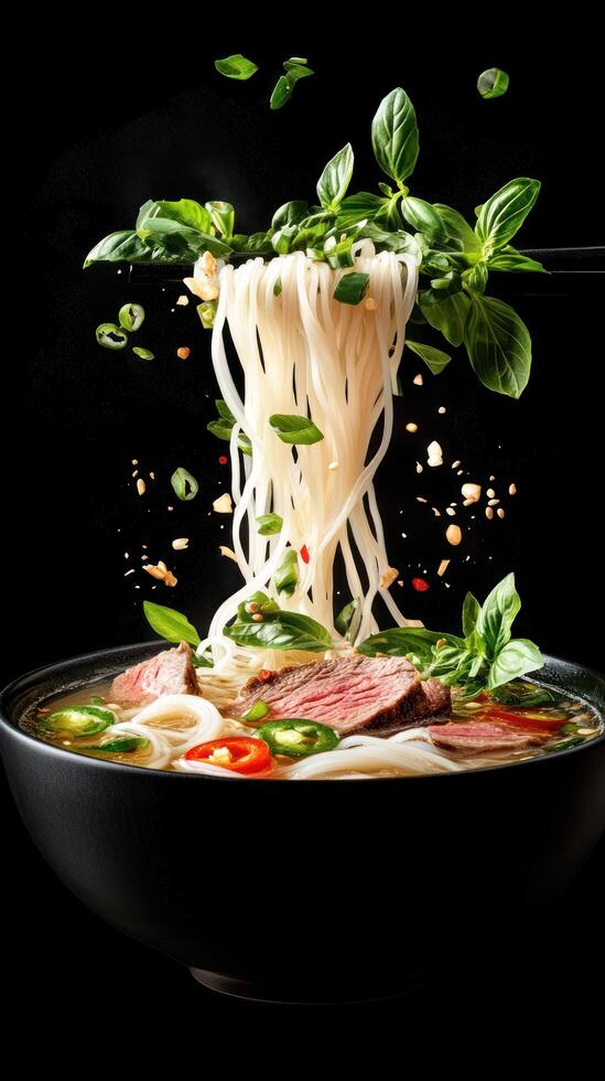 Noodles with beef and herbs are scooped from a black bowl, for food or lunch advertising photo