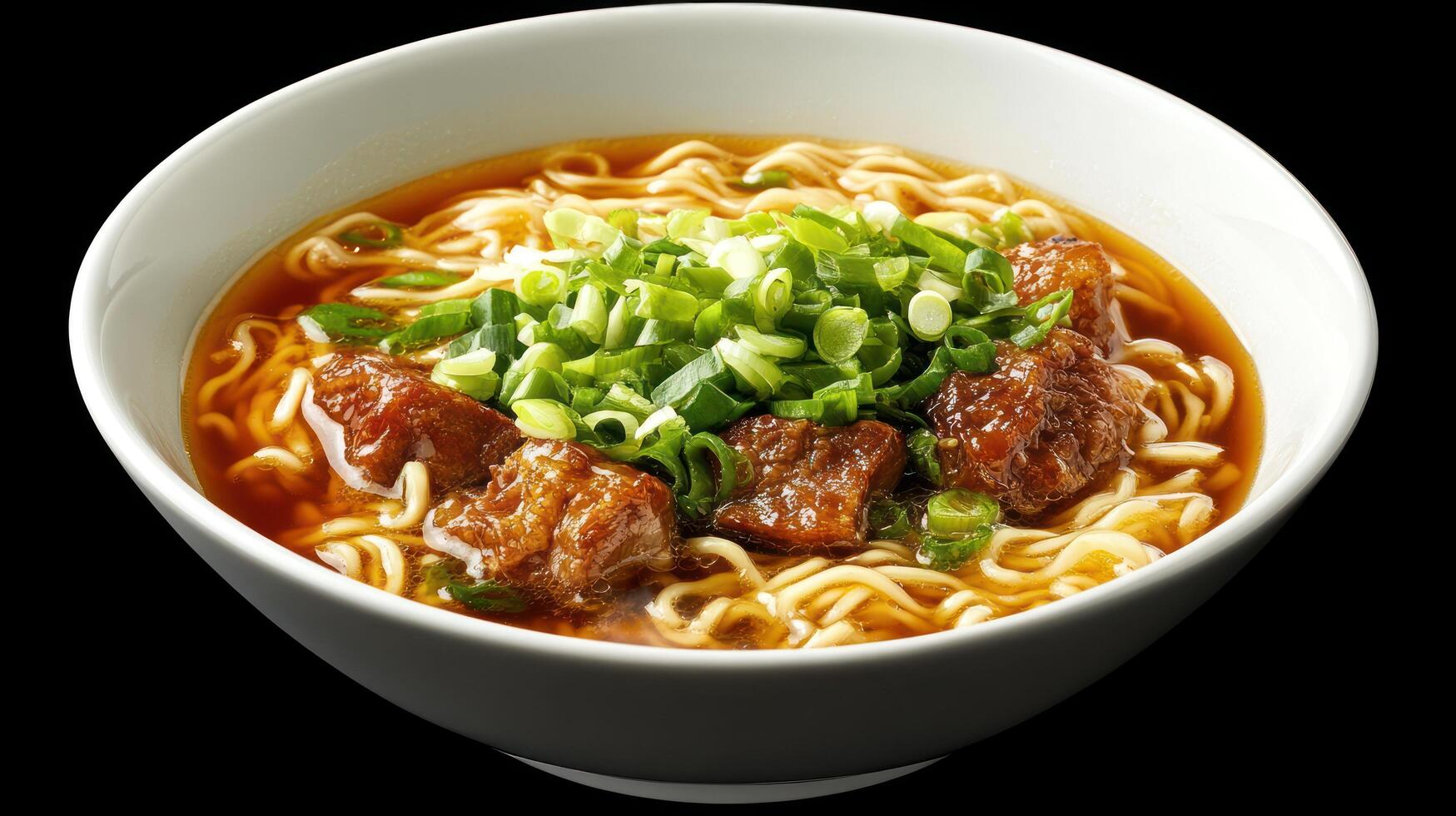 Noodles with braised beef and green onions in a white bowl on a black background, ideal for food blog photo