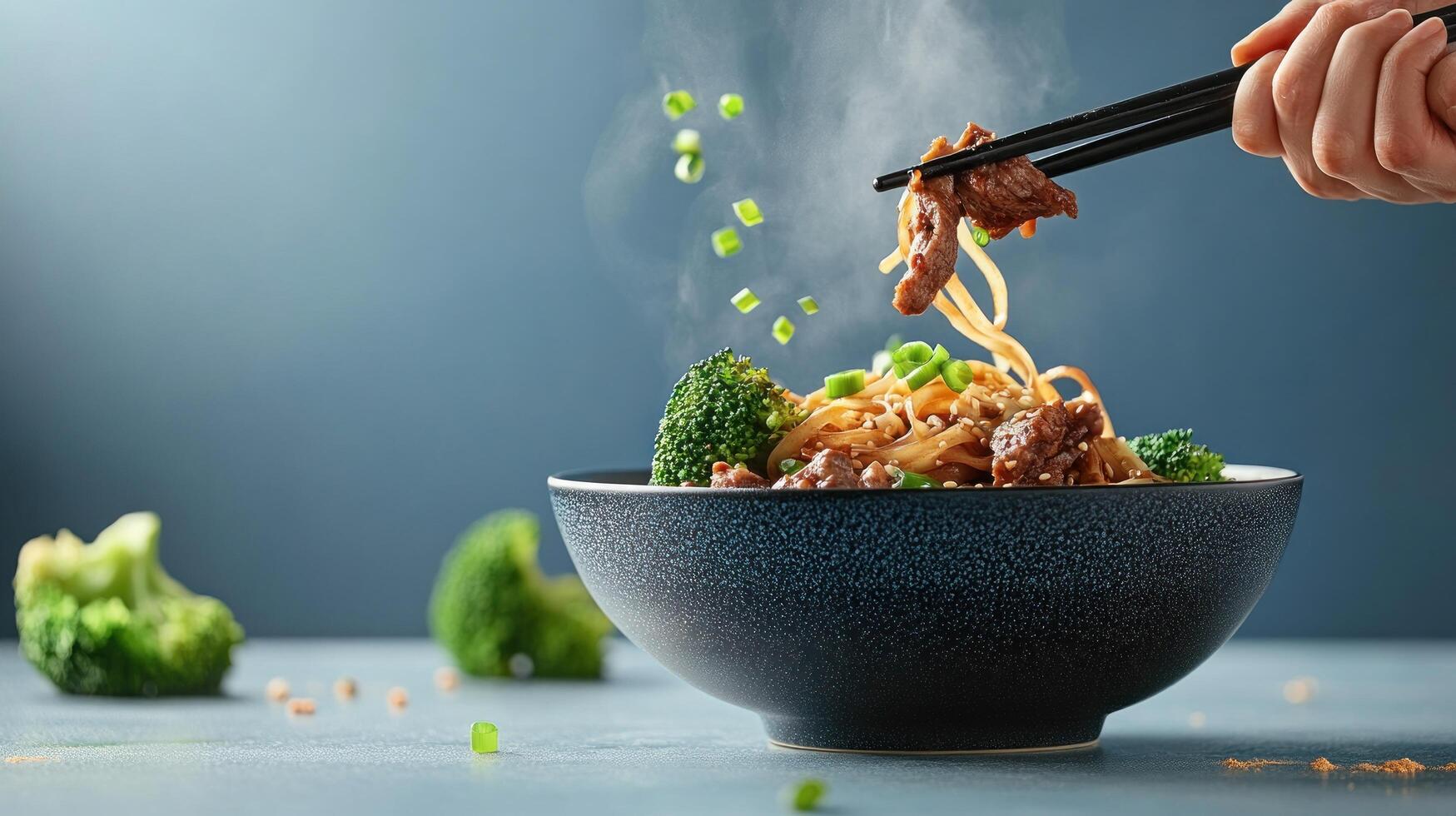Noodles with beef and vegetables. Food presentation. Chopsticks. For restaurants and food blogs photo