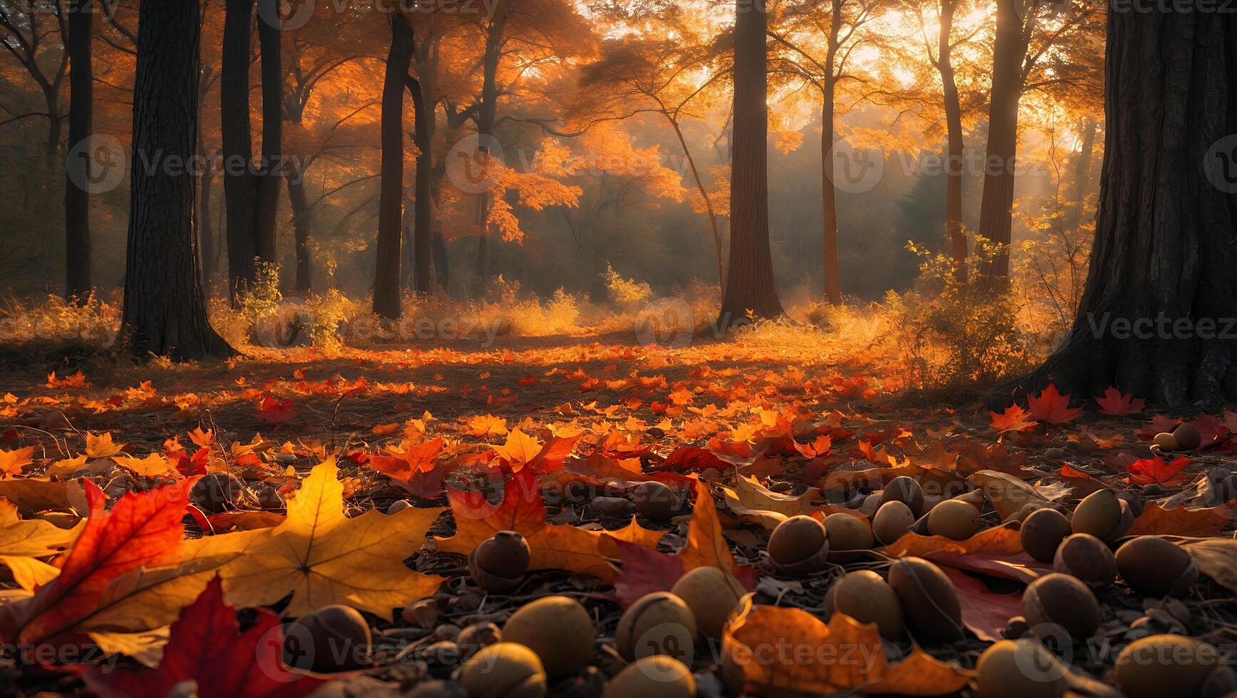 Fall Leaves and Nuts on Forest Floor with Golden Light photo