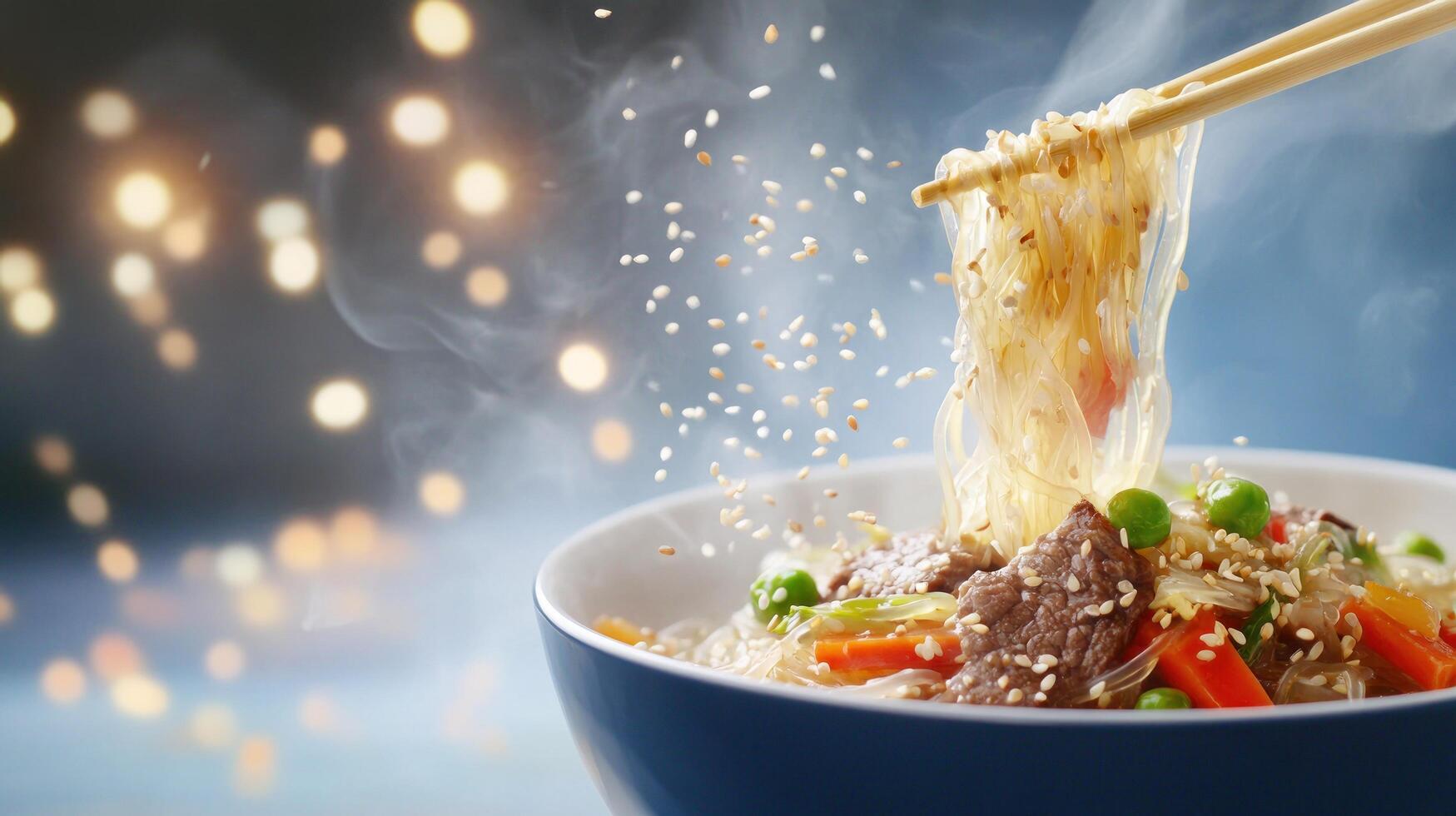 Noodles with beef and vegetable mix is lifted by chopsticks, steam rising. Festive light background photo
