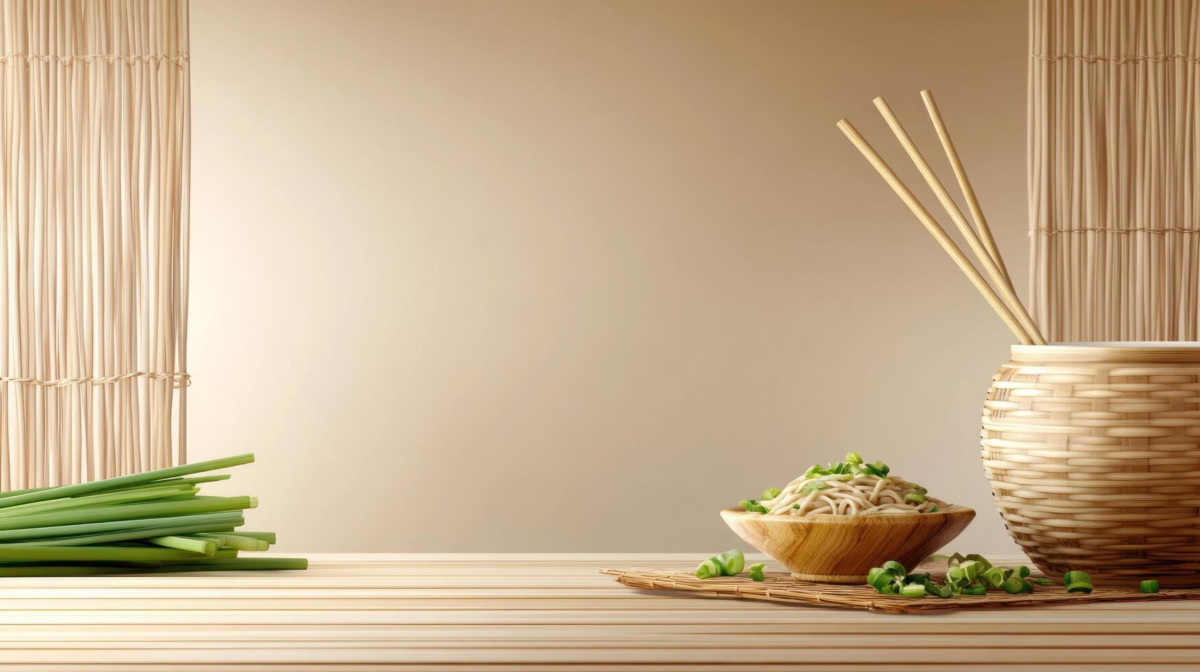 Noodles with chives on wood, Asian design setting, zen background, for restaurant menu photo