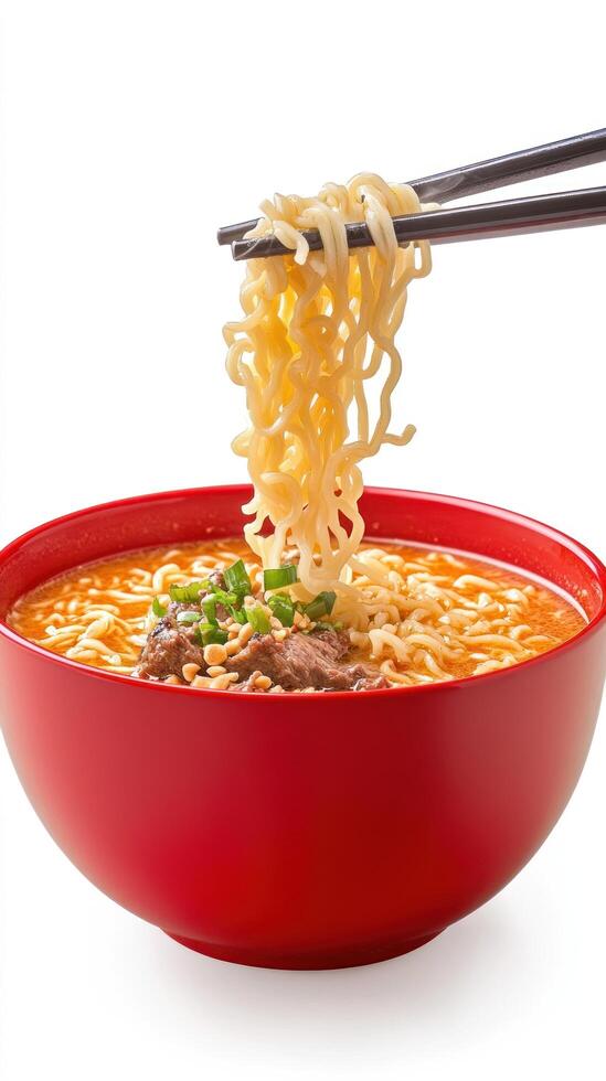 Noodles with chopsticks in bowl. Soup with meat and herbs. Culinary arts, menu ads photo