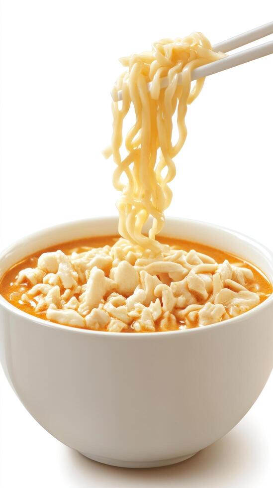 Noodles with chopsticks over bowl of broth on a white background for food illustration photo