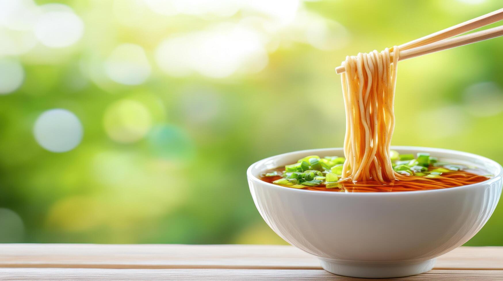 Noodles with chopsticks, in bowl, on table with garden bokeh background. Food photography for restaurant photo