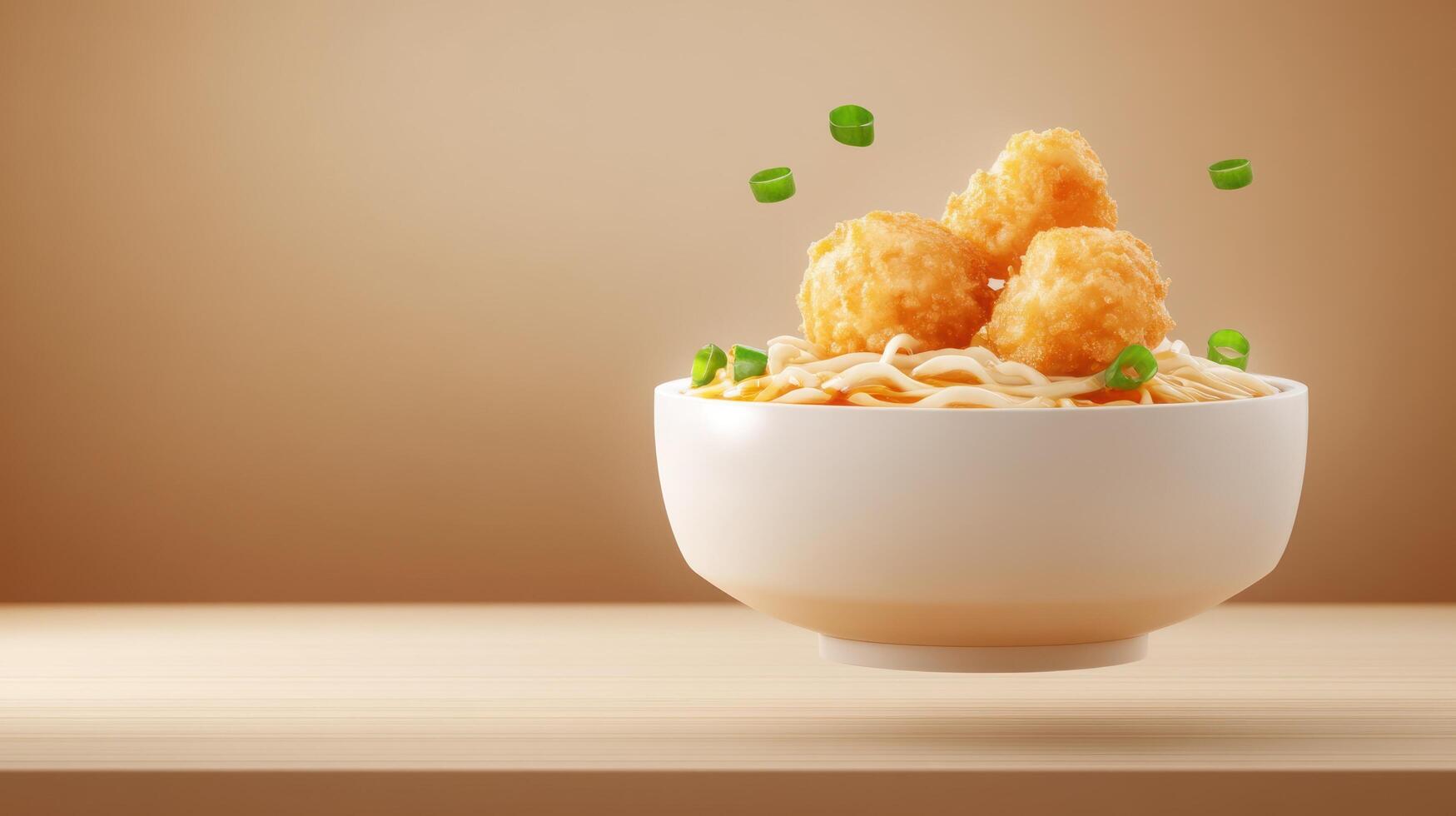 Noodles with fried balls scallions levitating in a studio. Food presentation for website, ads photo