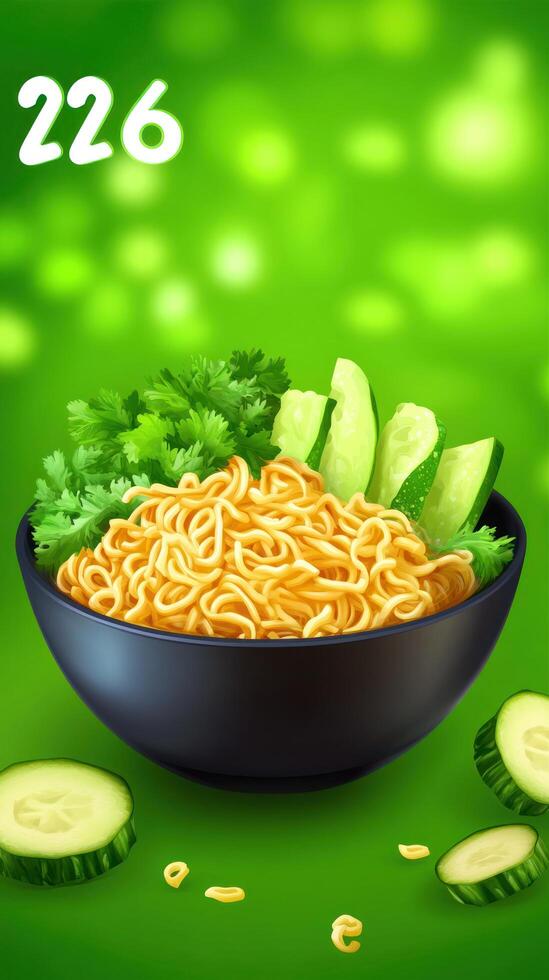 Noodles with cucumber in bowl on green backdrop. Food blog post, menu or healthy recipes photo