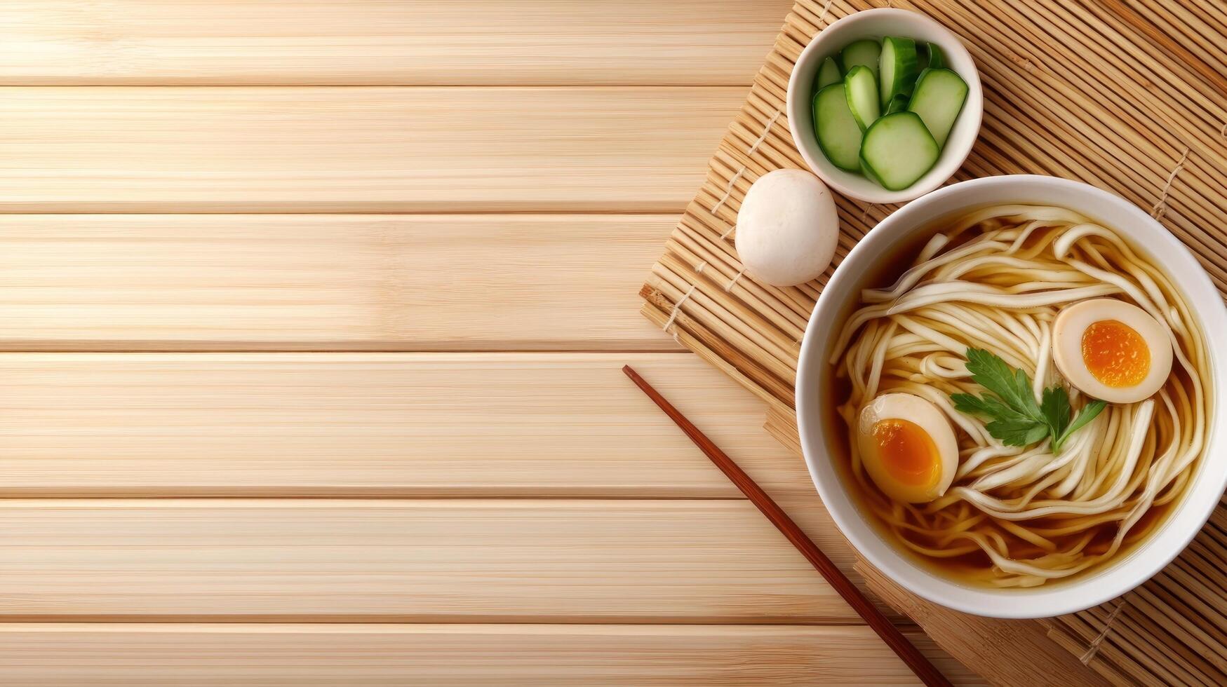 Noodles with egg in bowl. Cucumbers and chopsticks. Concept culinary blog, recipe photo