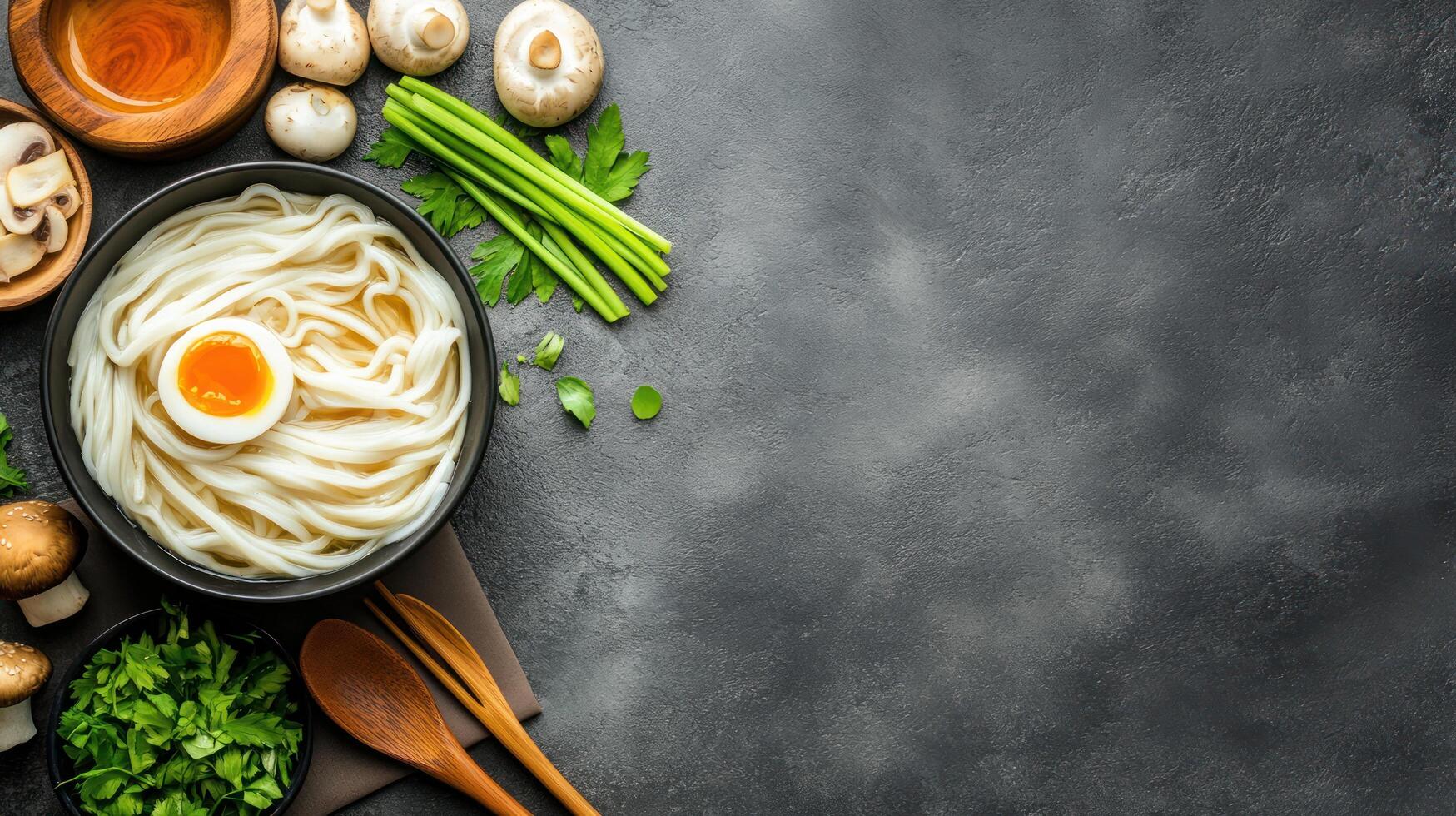 Noodles with egg greens. Cooking background with ingredients around the blank space. Food advertisement photo