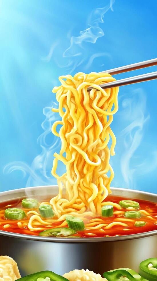 Noodles with chopsticks, soup, and chili, tasty meal in a bowl. Meal concept illustration photo