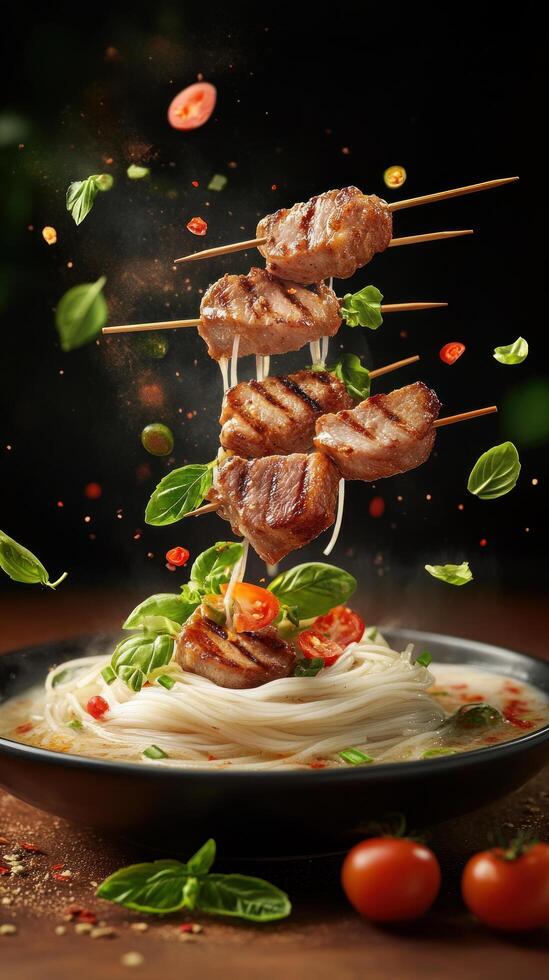 Noodles with grilled meat skewers and herbs, floating elements on a dark background for food blog photo