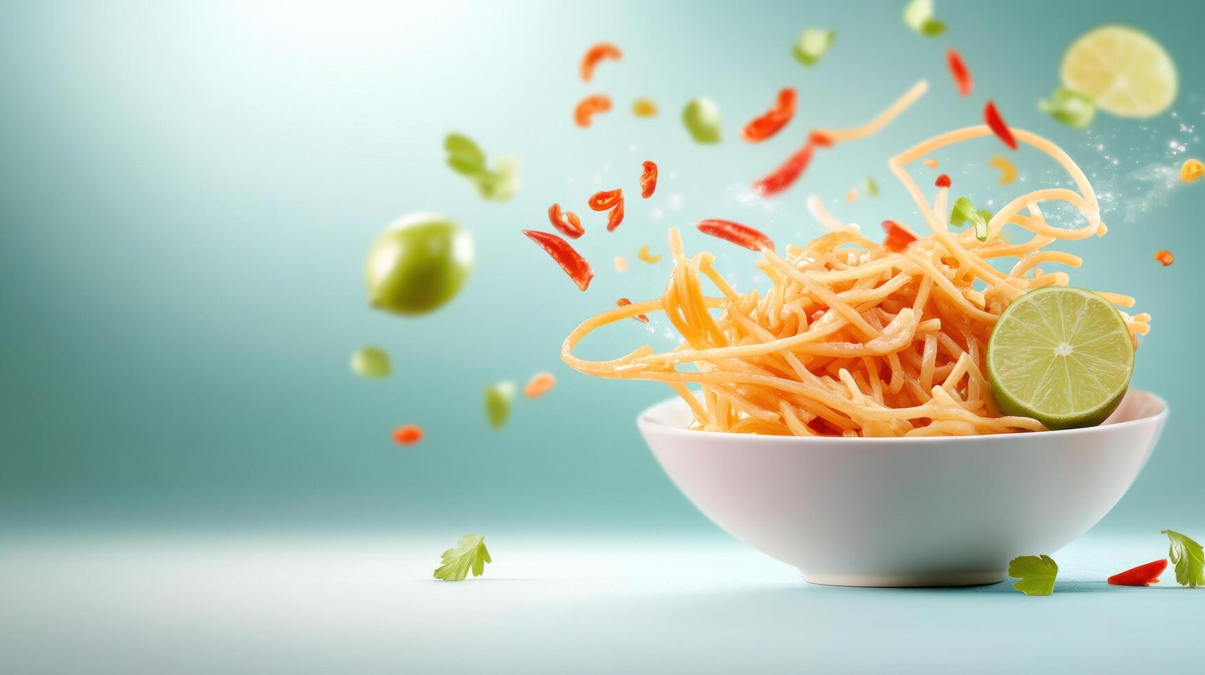 Noodles with lime and red chili peppers in white bowl on blue gradient. For cooking tutorials photo