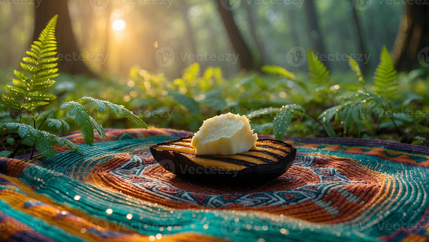 Serving Food on a Blanket in a Forest at Sunrise photo