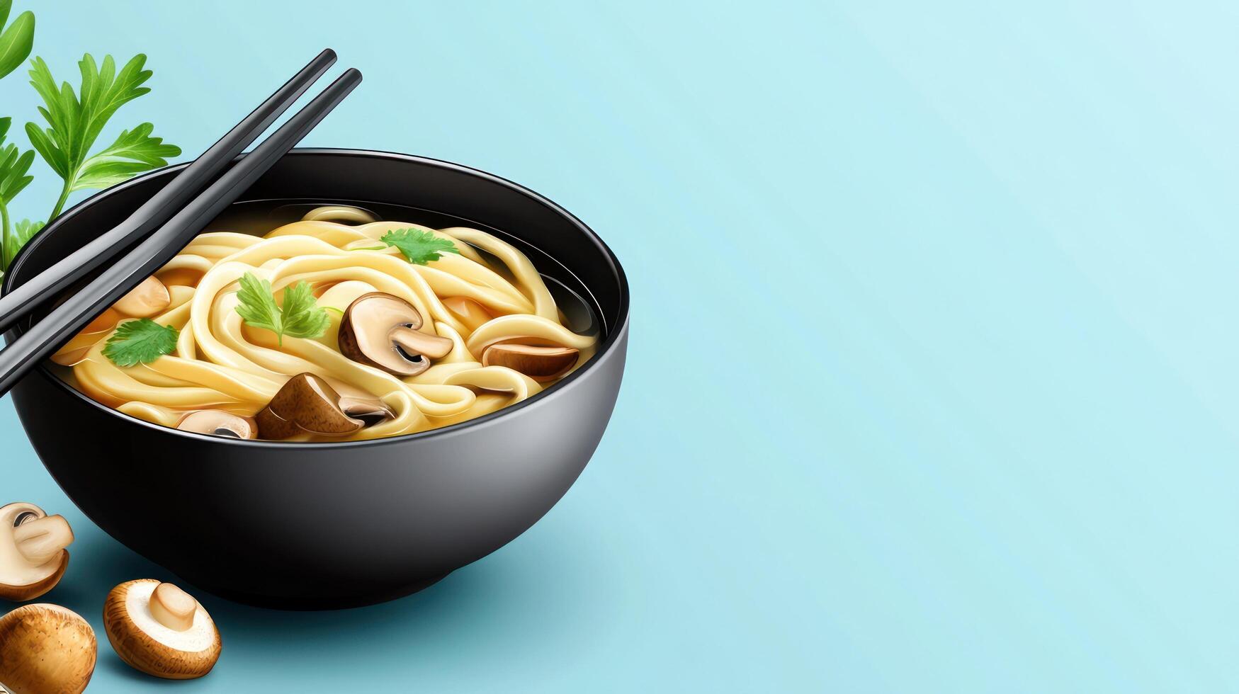 Noodles with mushrooms in a black bowl for a dinner meal, in a restaurant on blue background photo