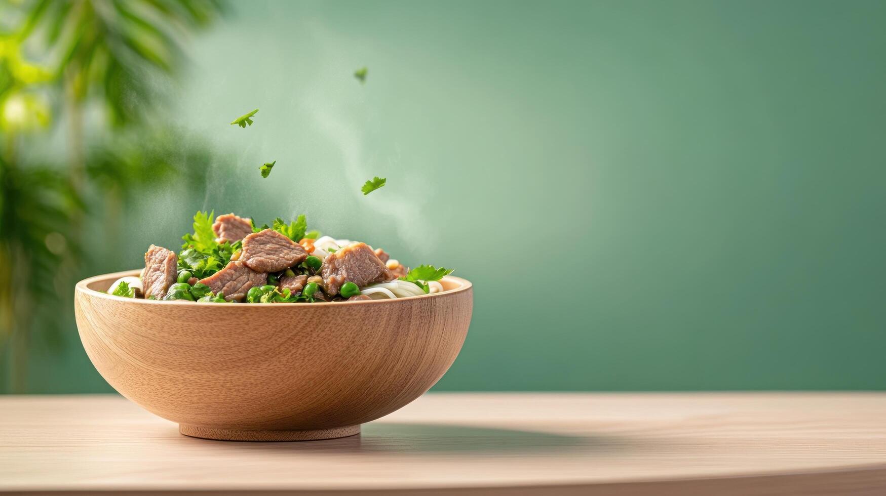 Noodles with meat in wood bowl. Steam rising against blurred background. Food content creation photo