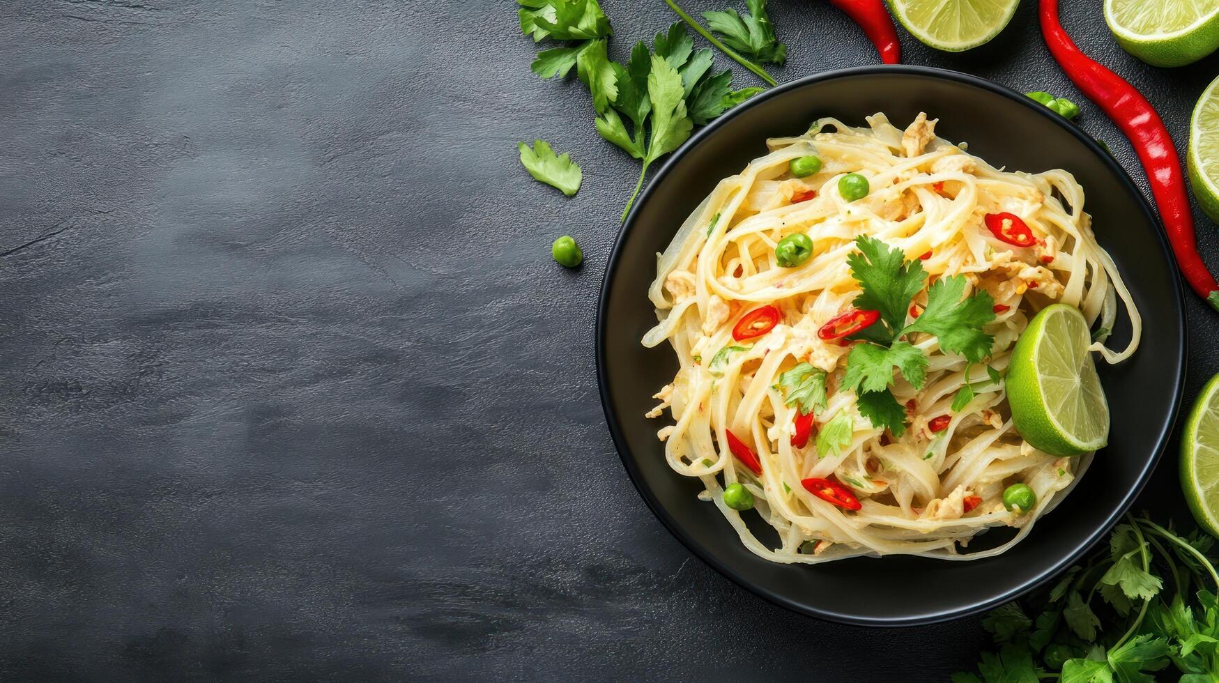 Noodles with herbs in black bowl used in restaurant, blog, recipe background with copy space photo