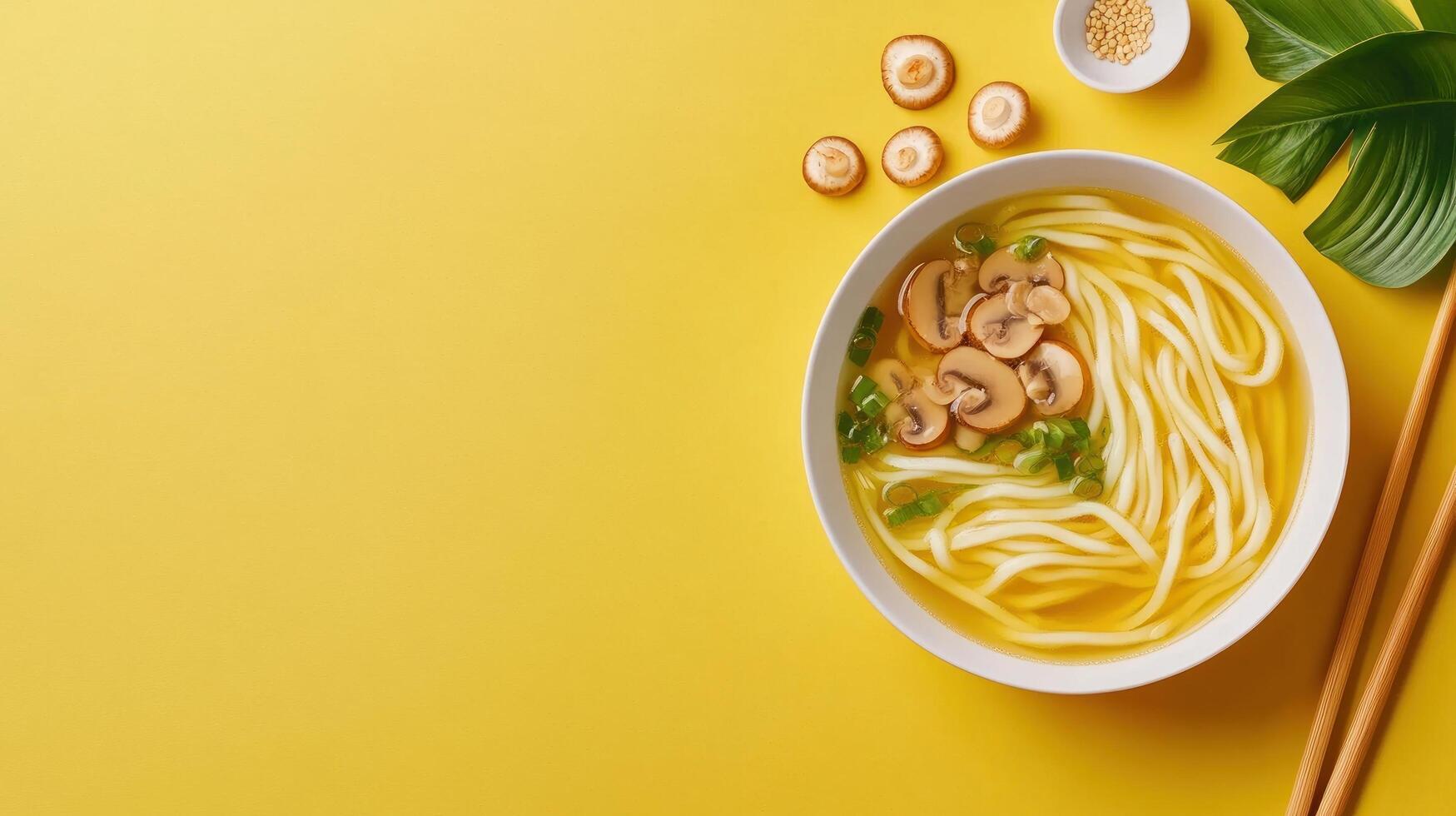 Noodles with mushrooms in broth on a yellow background, served with chopsticks. Restaurant ad photo