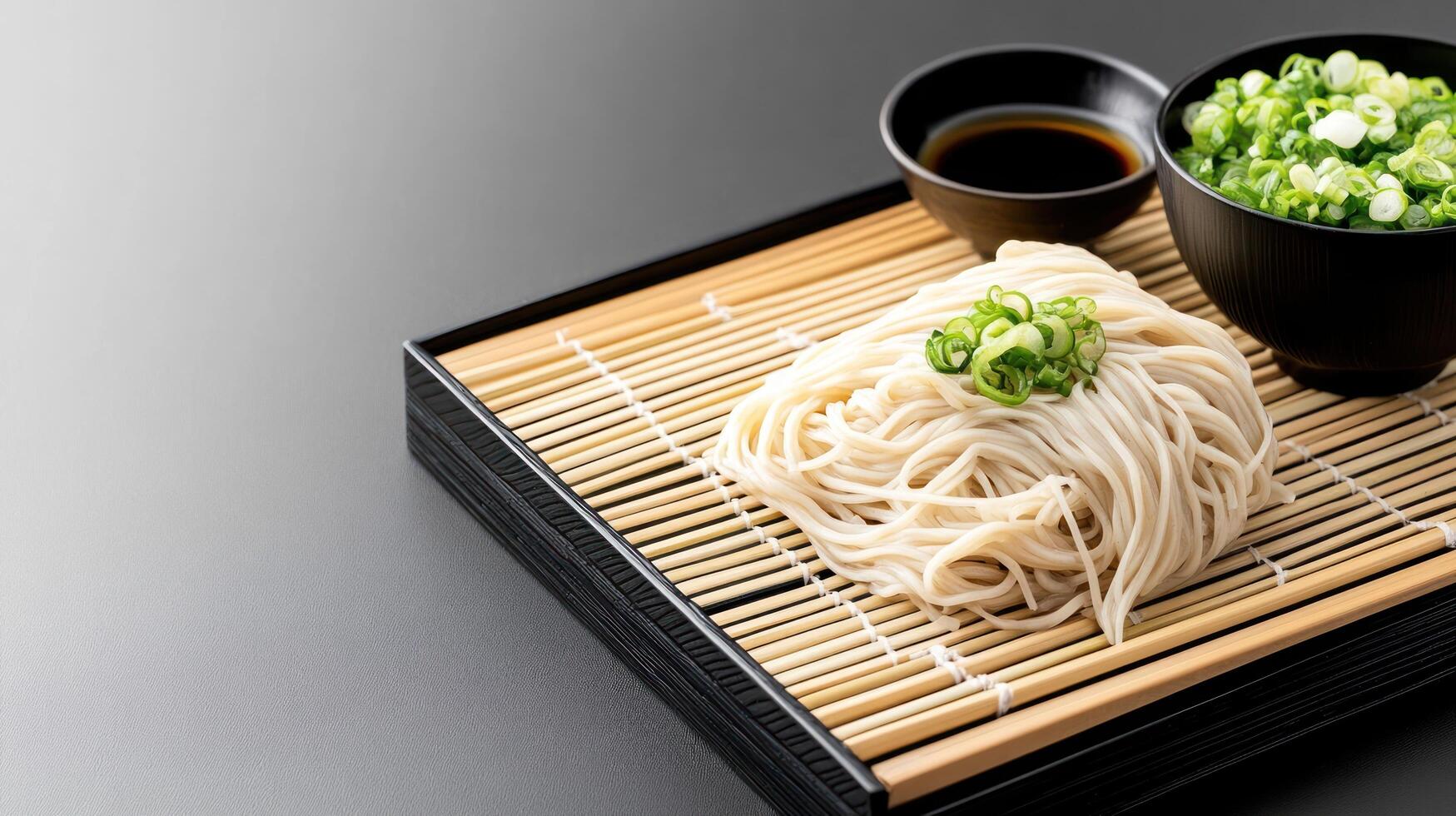 Noodles with sauce and chives, placed on a bamboo mat. Can be used in food recipes photo
