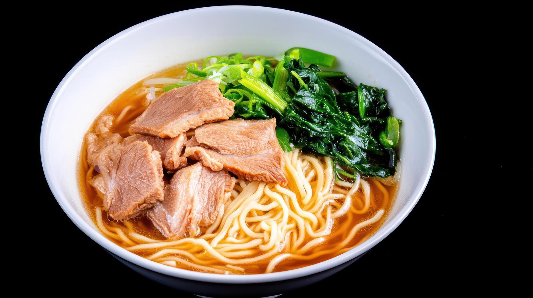 Noodles with pork greens in a white bowl. Simple background. Could be used in an asian food blog photo